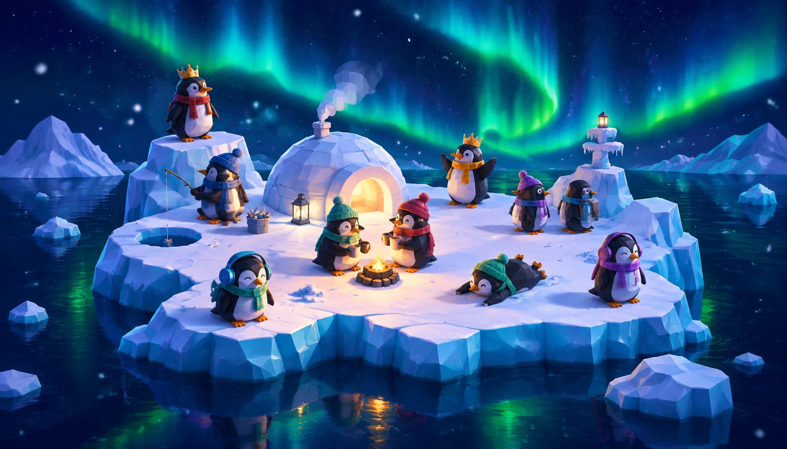 Illustrated penguin colony on an ice floe under the aurora